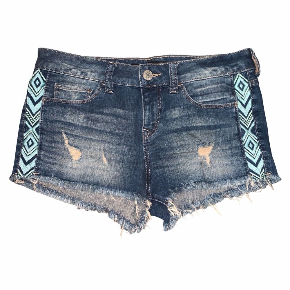 Express Jean Shorts Turquoise Tribal Bohemian Embroidered Side Accented Fringe 4